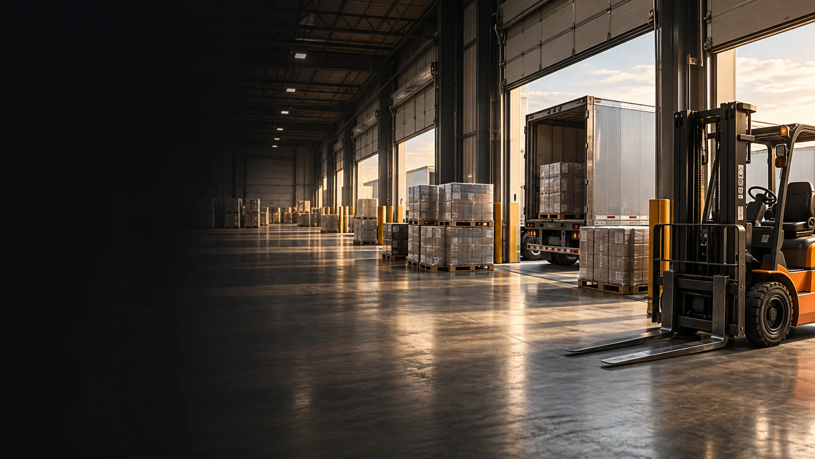 Illustration of pallet freight, a forklift and trailers at a cross-docking warehouse